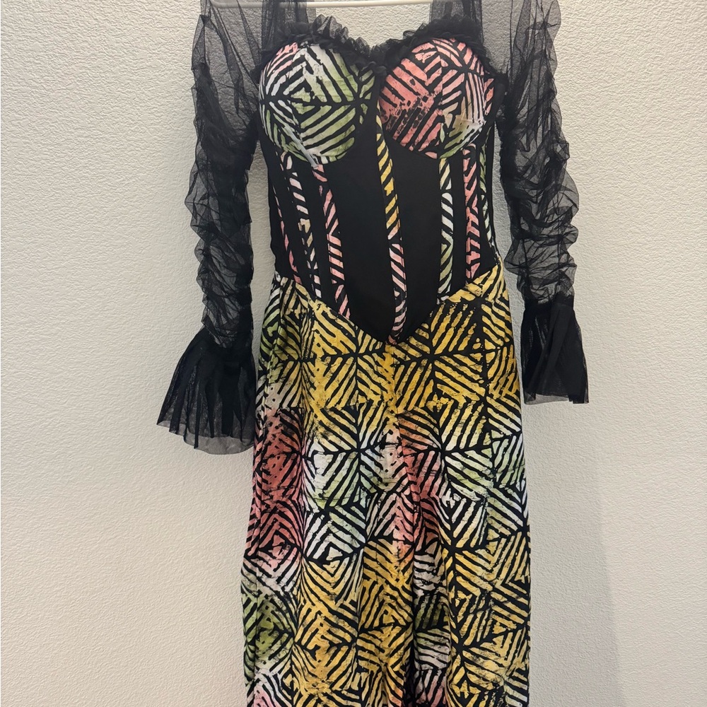 Multicolor Patterned Dress with Sheer Black Sleeves